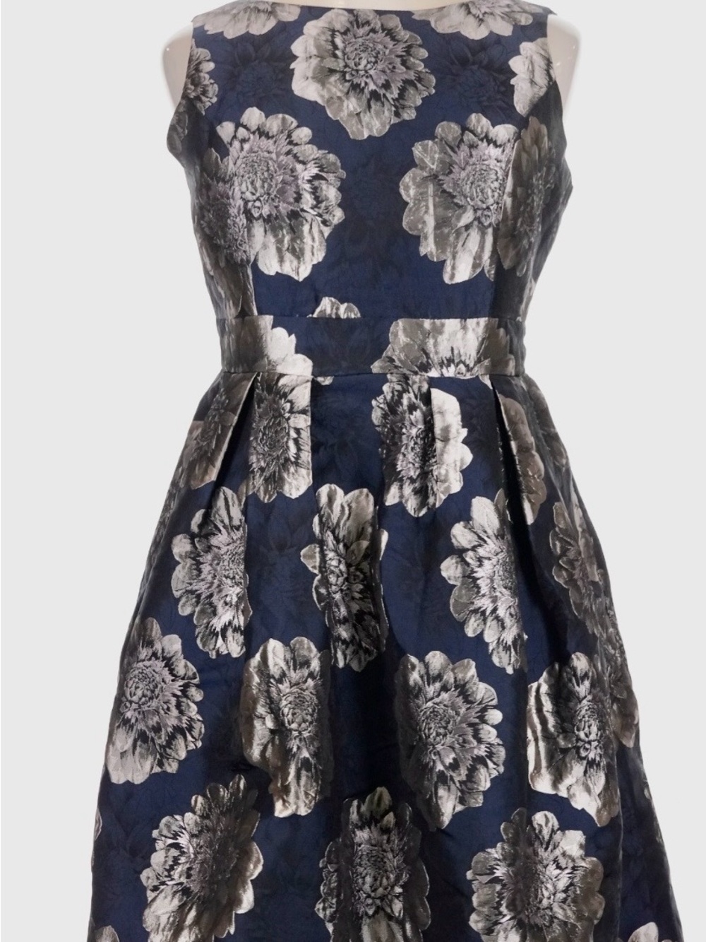 Eliza J Navy and Silver Floral Jacquard Fit-and-Flare Dress